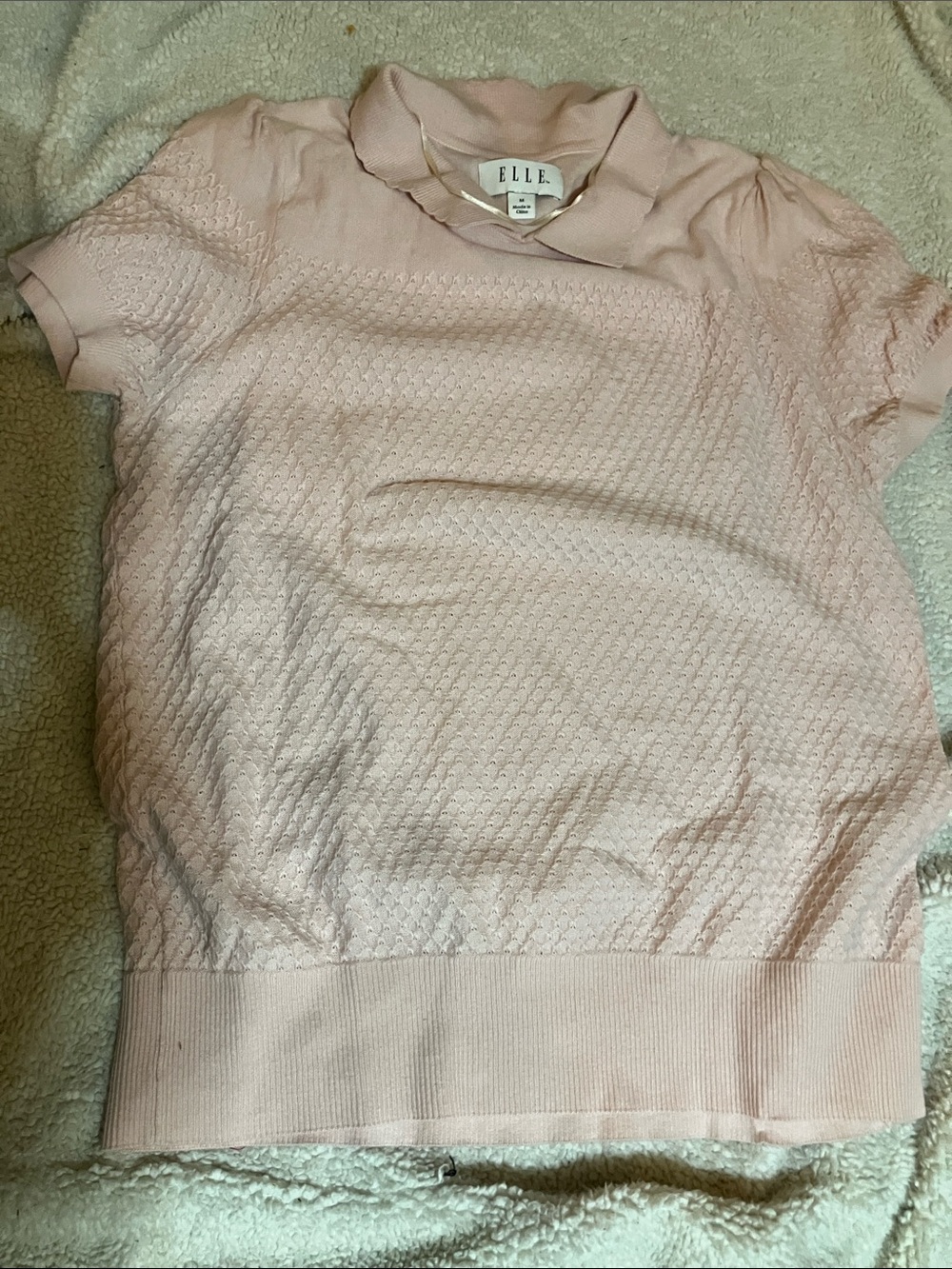 ELLE Pale Pink Textured Short-Sleeve V-Neck Sweater